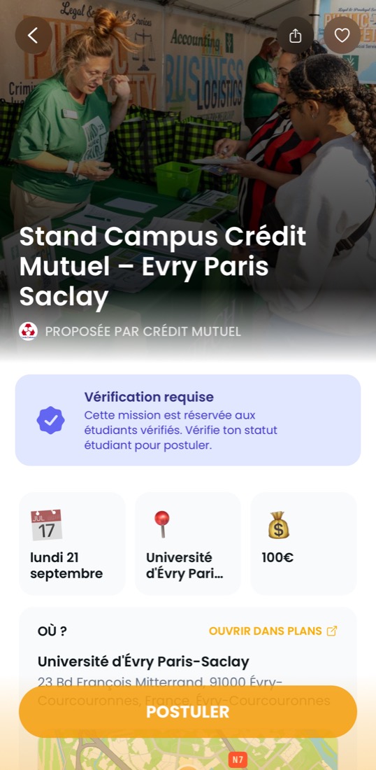 Fiche d'une mission Crédit Mutuel à l'université d'Évry Paris-Saclay, rémunérée 100 euros
